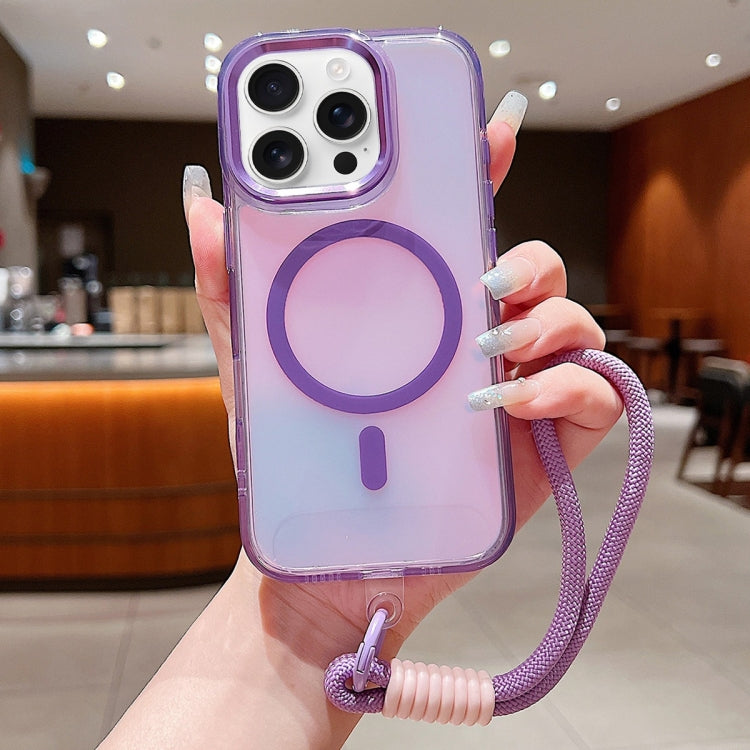 For iPhone 16 Pro Bright Shadow Magsafe Discoloration Phone Case with Wrist Strap(Purple) - iPhone 16 Pro Cases by buy2fix | Online Shopping UK | buy2fix