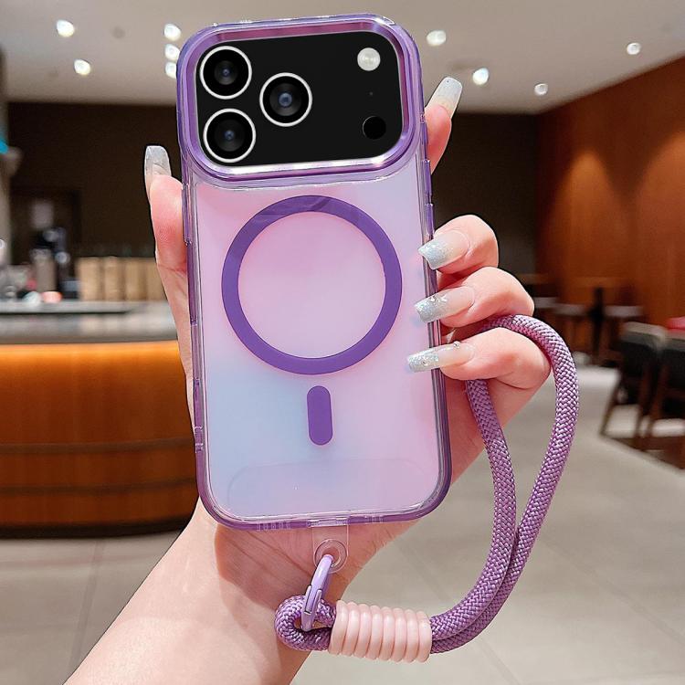 For iPhone 17 Pro Bright Shadow  Magsafe Discoloration Phone Case with Wrist Strap(Purple) - iPhone 17 Pro Cases by buy2fix | Online Shopping UK | buy2fix