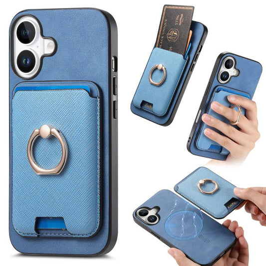 For iPhone 17 Retro Cross Leather Card Bag MagSafe Phone Case(Blue) - iPhone 17 Cases by buy2fix | Online Shopping UK | buy2fix