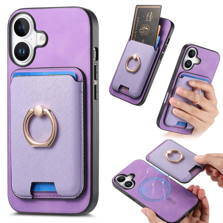 For iPhone 17 Retro Cross Leather Card Bag MagSafe Phone Case(Purple) - iPhone 17 Cases by buy2fix | Online Shopping UK | buy2fix