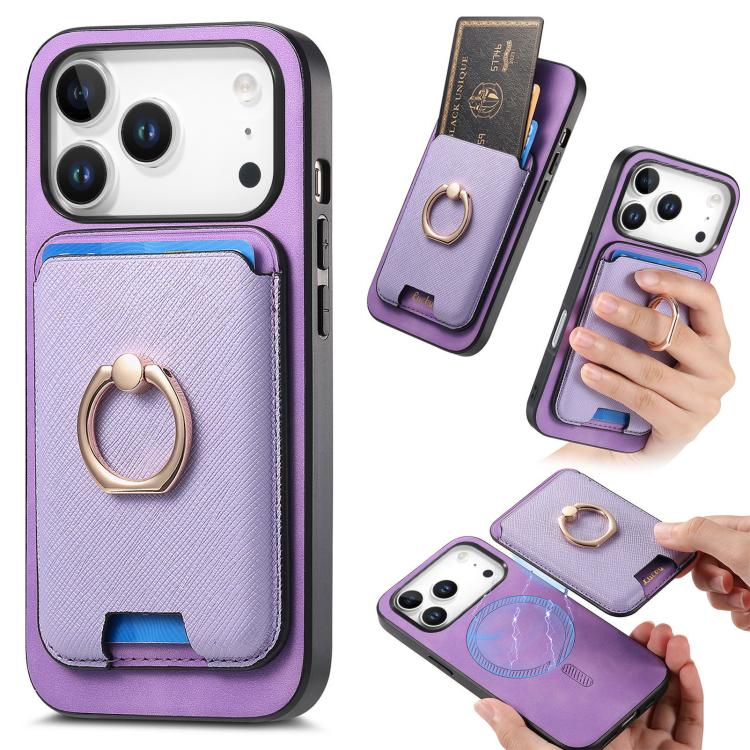 For iPhone 17 Pro Retro Cross Leather Card Bag MagSafe Phone Case(Purple) - iPhone 17 Pro Cases by buy2fix | Online Shopping UK | buy2fix