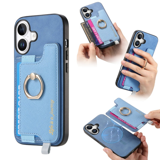 For iPhone 16 Retro Magsafe Cross Leather Ring Holder Card Bag Phone Case(Blue) - iPhone 16 Cases by buy2fix | Online Shopping UK | buy2fix