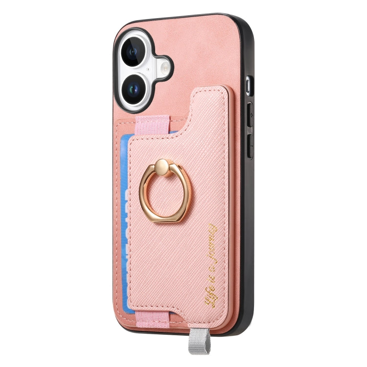 For iPhone 16 Retro Magsafe Cross Leather Ring Holder Card Bag Phone Case(Pink) - iPhone 16 Cases by buy2fix | Online Shopping UK | buy2fix
