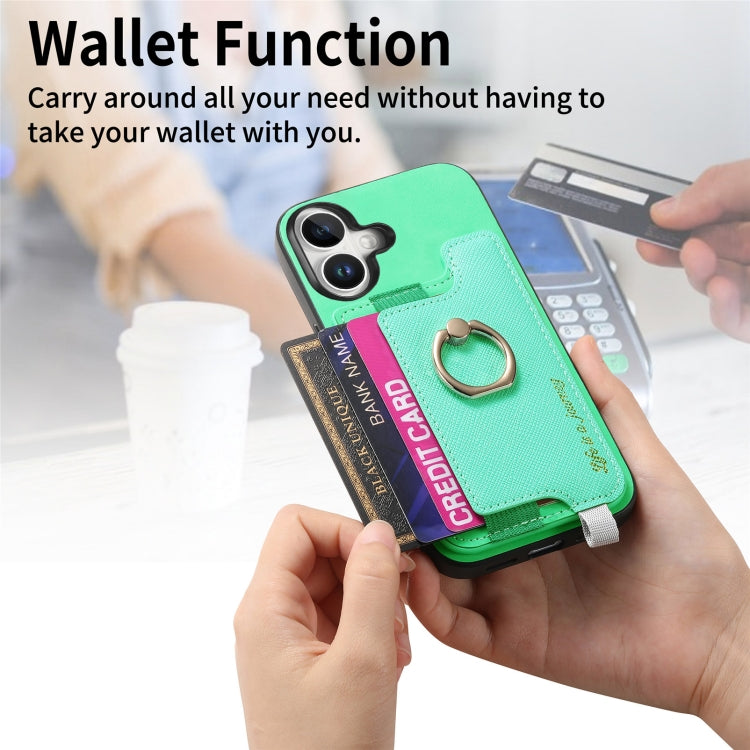 For iPhone 16 Retro Magsafe Cross Leather Ring Holder Card Bag Phone Case(Green) - iPhone 16 Cases by buy2fix | Online Shopping UK | buy2fix