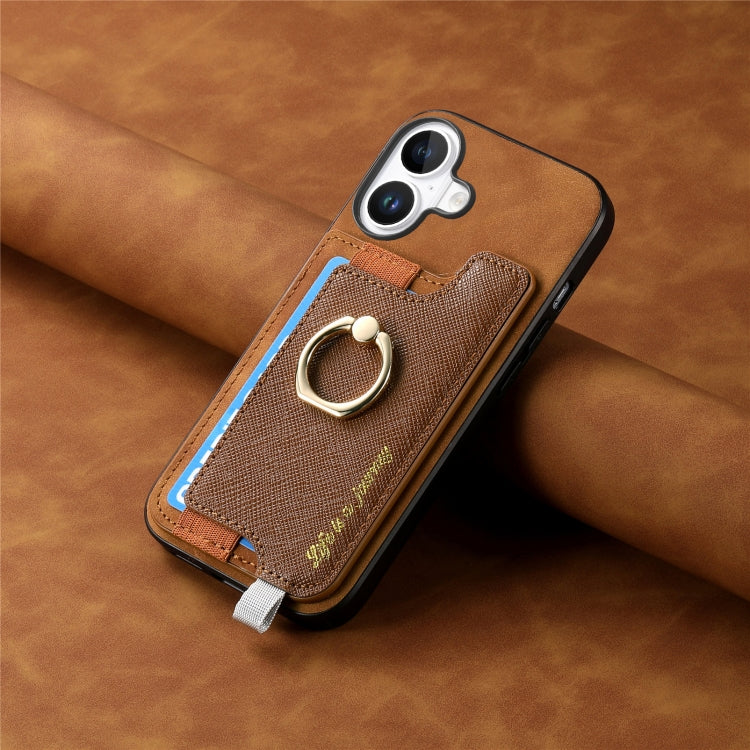 For iPhone 16 Retro Magsafe Cross Leather Ring Holder Card Bag Phone Case(Brown) - iPhone 16 Cases by buy2fix | Online Shopping UK | buy2fix