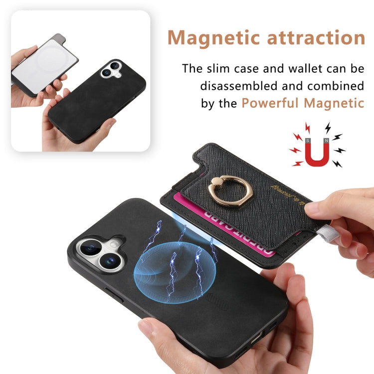 For iPhone 16 Retro Magsafe Cross Leather Ring Holder Card Bag Phone Case(Black) - iPhone 16 Cases by buy2fix | Online Shopping UK | buy2fix