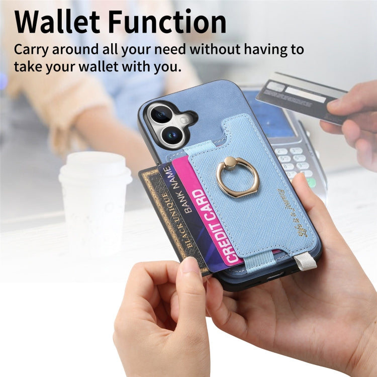 For iPhone 16 Plus Retro Magsafe Cross Leather Ring Holder Card Bag Phone Case(Blue) - iPhone 16 Plus Cases by buy2fix | Online Shopping UK | buy2fix