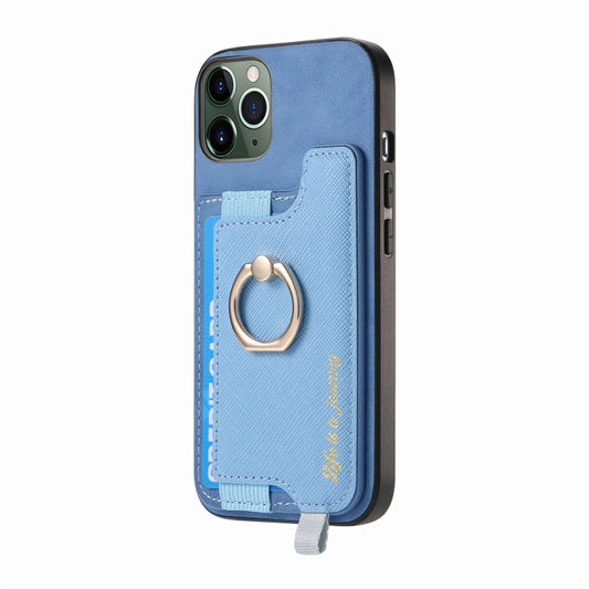 For iPhone 11 Retro Magsafe Cross Leather Ring Holder Card Bag Phone Case(Blue) - iPhone 11 Cases by buy2fix | Online Shopping UK | buy2fix