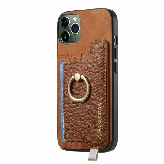 For iPhone 11 Retro Magsafe Cross Leather Ring Holder Card Bag Phone Case(Brown) - iPhone 11 Cases by buy2fix | Online Shopping UK | buy2fix