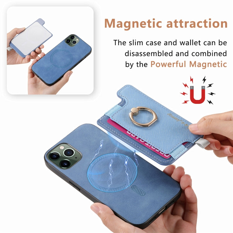 For iPhone 11 Pro Max Retro Magsafe Cross Leather Ring Holder Card Bag Phone Case(Blue) - iPhone 11 Pro Max Cases by buy2fix | Online Shopping UK | buy2fix