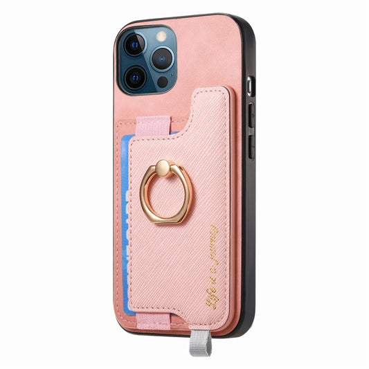 For iPhone 12 / 12 Pro Retro Magsafe Cross Leather Ring Holder Card Bag Phone Case(Pink) - More iPhone Cases by buy2fix | Online Shopping UK | buy2fix