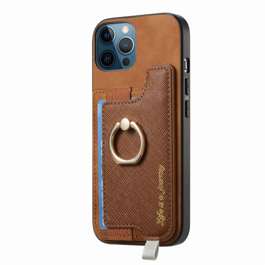For iPhone 12 / 12 Pro Retro Magsafe Cross Leather Ring Holder Card Bag Phone Case(Brown) - More iPhone Cases by buy2fix | Online Shopping UK | buy2fix