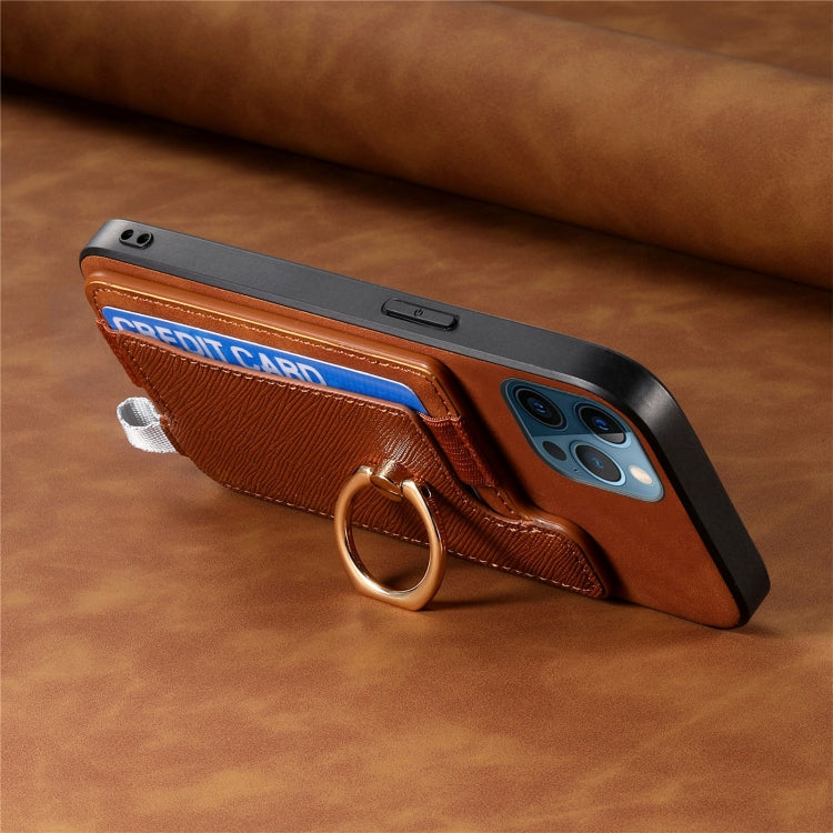 For iPhone 12 / 12 Pro Retro Magsafe Cross Leather Ring Holder Card Bag Phone Case(Brown) - More iPhone Cases by buy2fix | Online Shopping UK | buy2fix