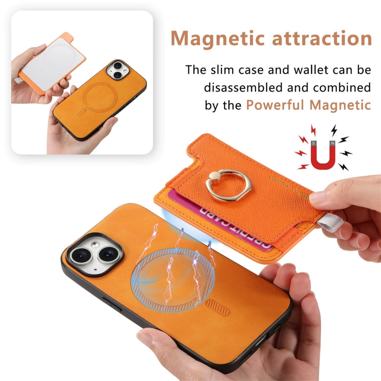 For iPhone 14 Plus Retro Magsafe Cross Leather Ring Holder Card Bag Phone Case(Yellow) - iPhone 14 Plus Cases by buy2fix | Online Shopping UK | buy2fix