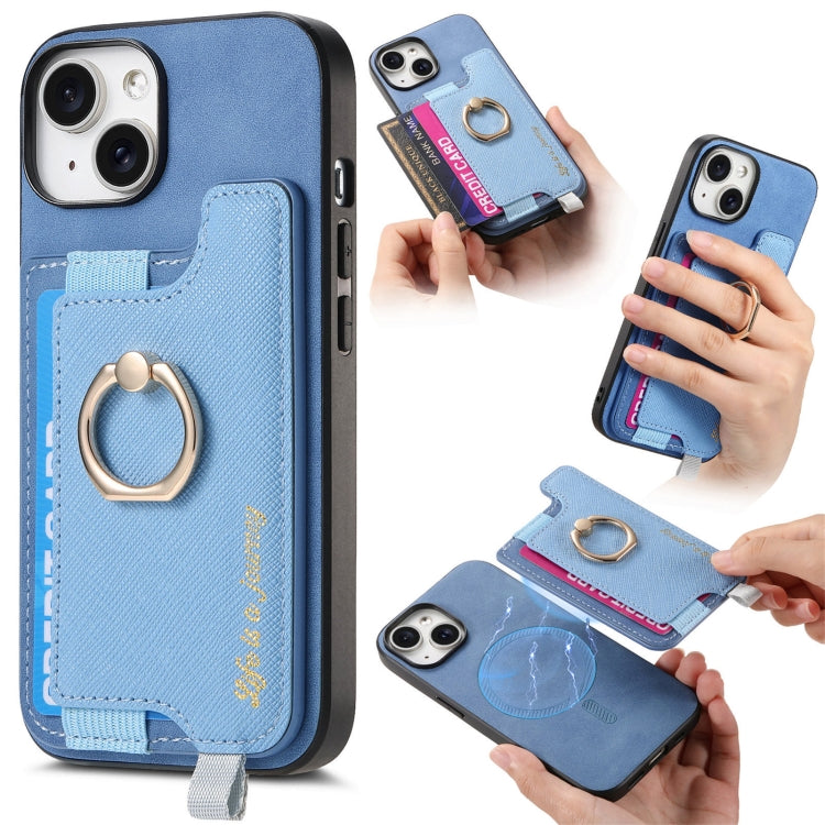 For iPhone 14 Plus Retro Magsafe Cross Leather Ring Holder Card Bag Phone Case(Blue) - iPhone 14 Plus Cases by buy2fix | Online Shopping UK | buy2fix