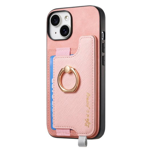 For iPhone 14 Plus Retro Magsafe Cross Leather Ring Holder Card Bag Phone Case(Pink) - iPhone 14 Plus Cases by buy2fix | Online Shopping UK | buy2fix