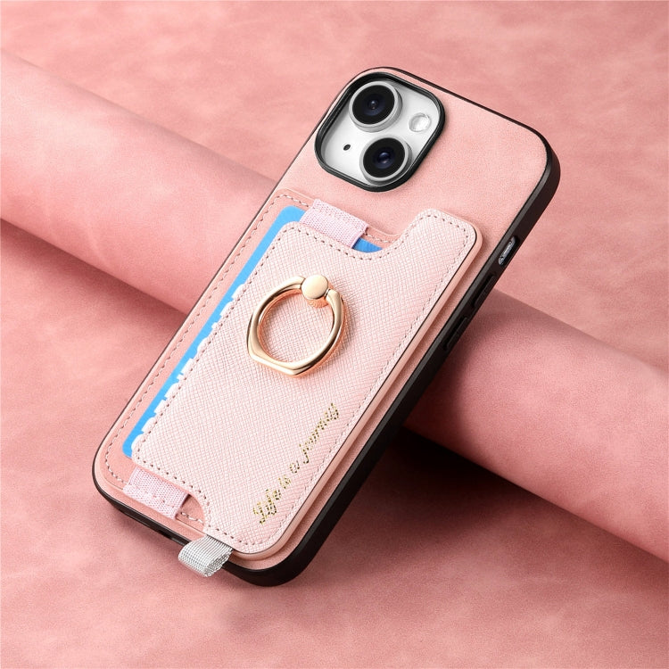 For iPhone 14 Plus Retro Magsafe Cross Leather Ring Holder Card Bag Phone Case(Pink) - iPhone 14 Plus Cases by buy2fix | Online Shopping UK | buy2fix