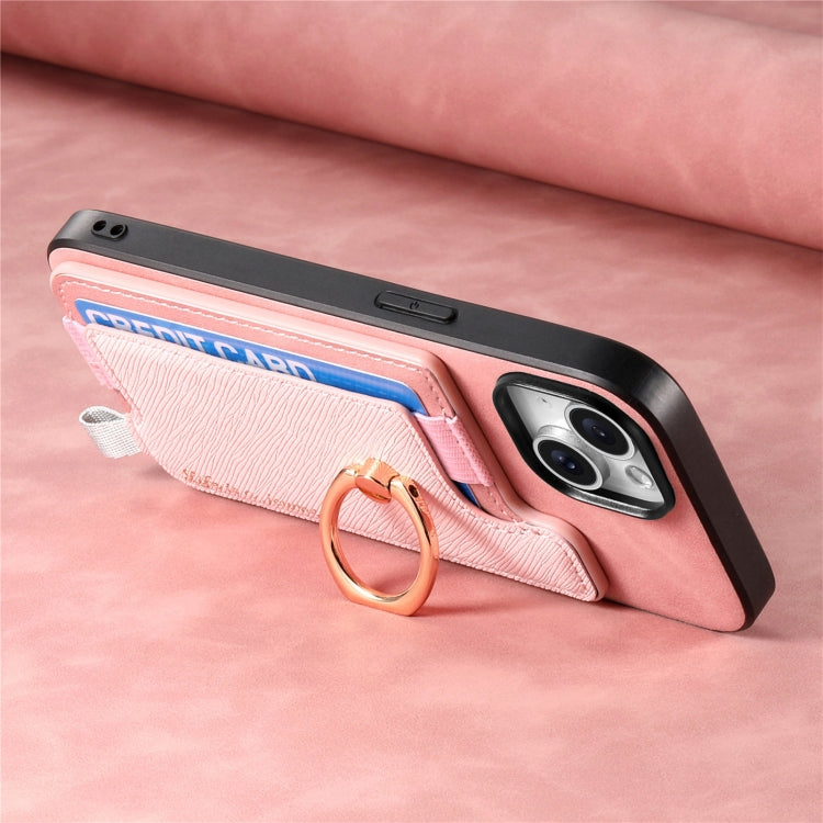 For iPhone 14 Plus Retro Magsafe Cross Leather Ring Holder Card Bag Phone Case(Pink) - iPhone 14 Plus Cases by buy2fix | Online Shopping UK | buy2fix