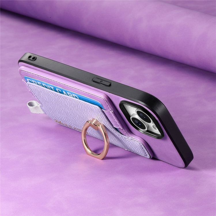 For iPhone 14 Plus Retro Magsafe Cross Leather Ring Holder Card Bag Phone Case(Purple) - iPhone 14 Plus Cases by buy2fix | Online Shopping UK | buy2fix