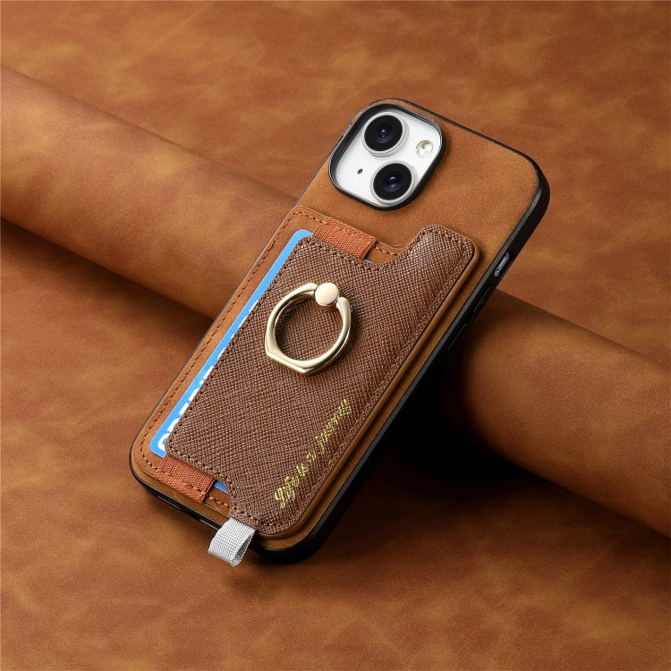 For iPhone 14 Plus Retro Magsafe Cross Leather Ring Holder Card Bag Phone Case(Brown) - iPhone 14 Plus Cases by buy2fix | Online Shopping UK | buy2fix