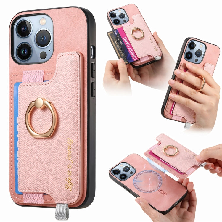 For iPhone 15 Pro Retro Magsafe Cross Leather Ring Holder Card Bag Phone Case(Pink) - iPhone 15 Pro Cases by buy2fix | Online Shopping UK | buy2fix