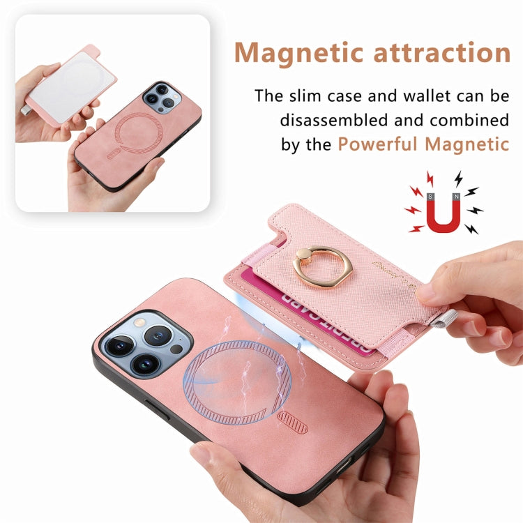For iPhone 15 Pro Retro Magsafe Cross Leather Ring Holder Card Bag Phone Case(Pink) - iPhone 15 Pro Cases by buy2fix | Online Shopping UK | buy2fix