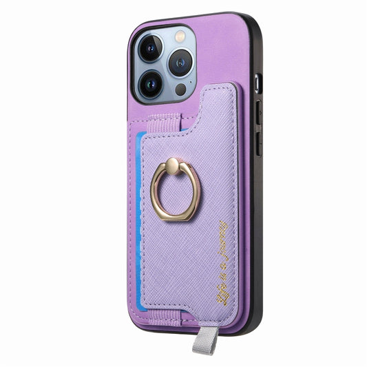 For iPhone 15 Pro Retro Magsafe Cross Leather Ring Holder Card Bag Phone Case(Purple) - iPhone 15 Pro Cases by buy2fix | Online Shopping UK | buy2fix
