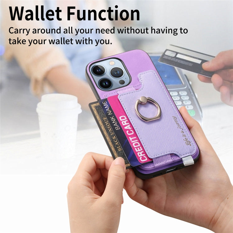 For iPhone 15 Pro Retro Magsafe Cross Leather Ring Holder Card Bag Phone Case(Purple) - iPhone 15 Pro Cases by buy2fix | Online Shopping UK | buy2fix