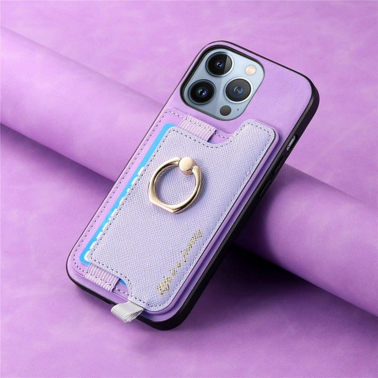 For iPhone 15 Pro Retro Magsafe Cross Leather Ring Holder Card Bag Phone Case(Purple) - iPhone 15 Pro Cases by buy2fix | Online Shopping UK | buy2fix