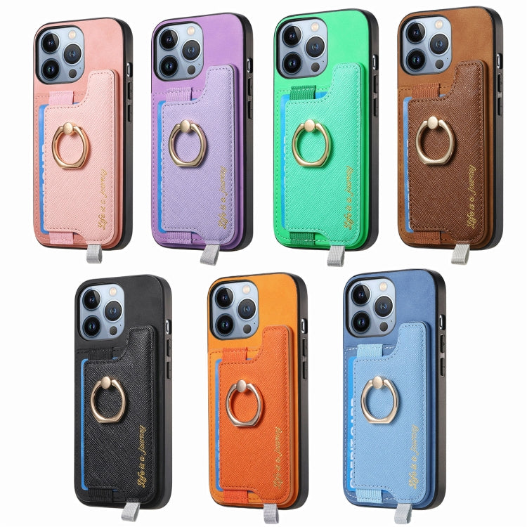 For iPhone 15 Pro Retro Magsafe Cross Leather Ring Holder Card Bag Phone Case(Pink) - iPhone 15 Pro Cases by buy2fix | Online Shopping UK | buy2fix