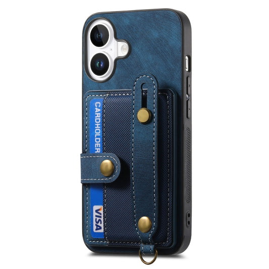 For iPhone 16 Plus Retro Cross Wristband Wallet Leather Back Phone Case(Blue) by buy2fix