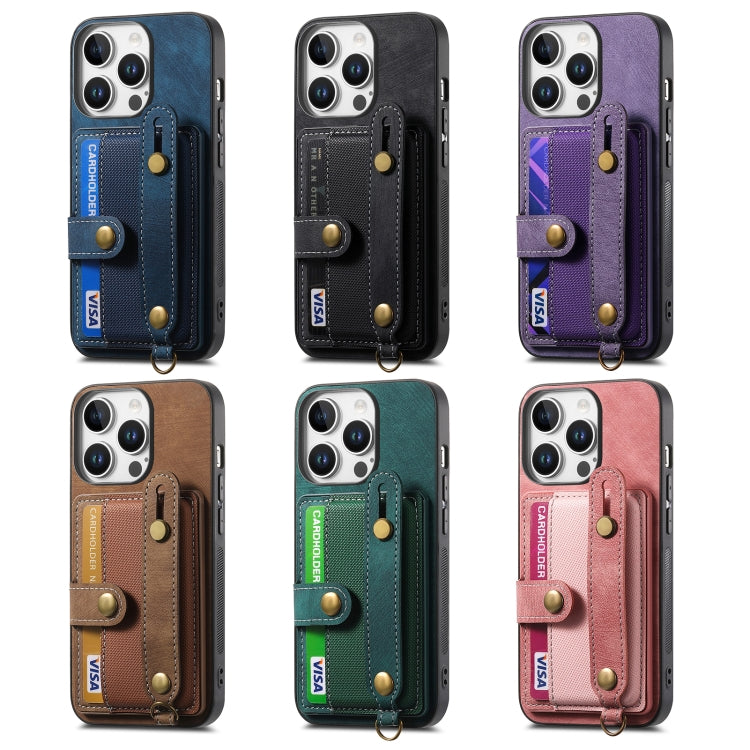 For iPhone 16e Retro Cross Wristband Wallet Leather Back Phone Case(Purple) - iPhone 16e Cases by buy2fix | Online Shopping UK | buy2fix