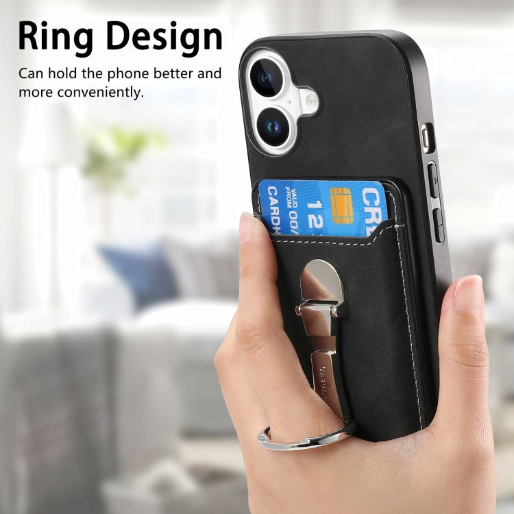 For iPhone 16 Retro Folding Ring Holder Card Bag MagSafe Phone Case(Black) - iPhone 16 Cases by buy2fix | Online Shopping UK | buy2fix