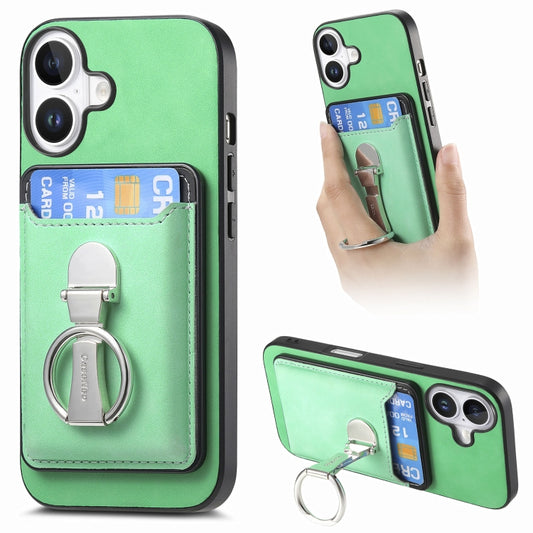 For iPhone 16 Retro Folding Ring Holder Card Bag MagSafe Phone Case(Green) - iPhone 16 Cases by buy2fix | Online Shopping UK | buy2fix