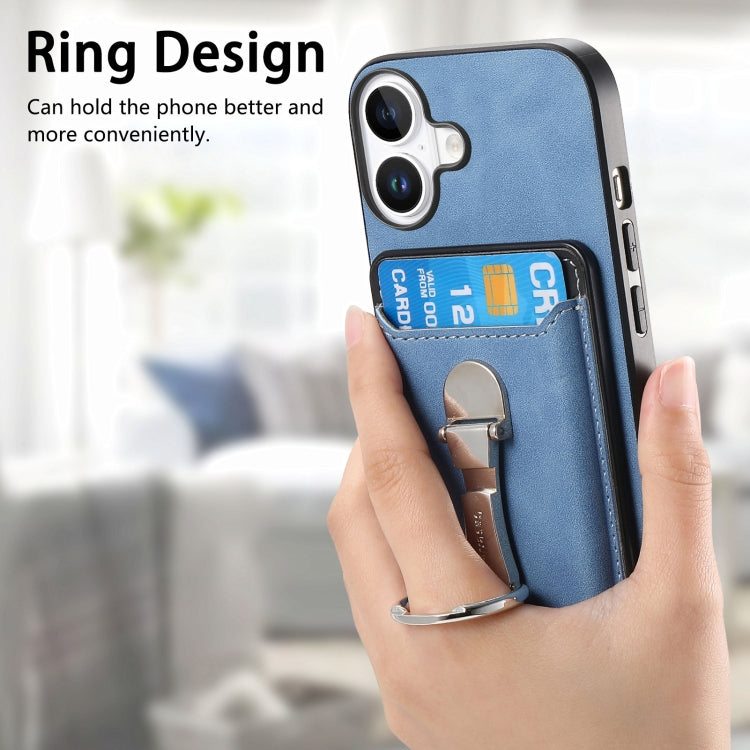For iPhone 16 Retro Folding Ring Holder Card Bag MagSafe Phone Case(Blue) - iPhone 16 Cases by buy2fix | Online Shopping UK | buy2fix