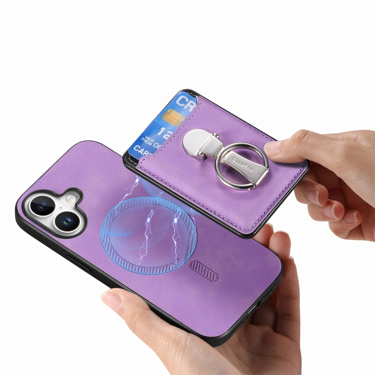 For iPhone 16 Plus Retro Folding Ring Holder Card Bag MagSafe Phone Case(Purple) - iPhone 16 Plus Cases by buy2fix | Online Shopping UK | buy2fix