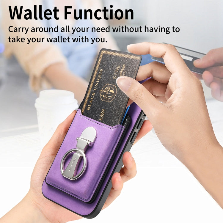 For iPhone 16 Plus Retro Folding Ring Holder Card Bag MagSafe Phone Case(Purple) - iPhone 16 Plus Cases by buy2fix | Online Shopping UK | buy2fix