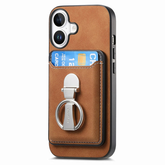 For iPhone 16 Plus Retro Folding Ring Holder Card Bag MagSafe Phone Case(Brown) - iPhone 16 Plus Cases by buy2fix | Online Shopping UK | buy2fix