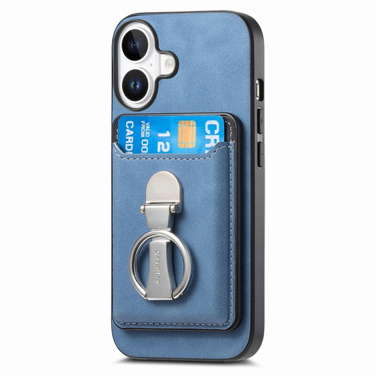 For iPhone 16 Plus Retro Folding Ring Holder Card Bag MagSafe Phone Case(Blue) - iPhone 16 Plus Cases by buy2fix | Online Shopping UK | buy2fix