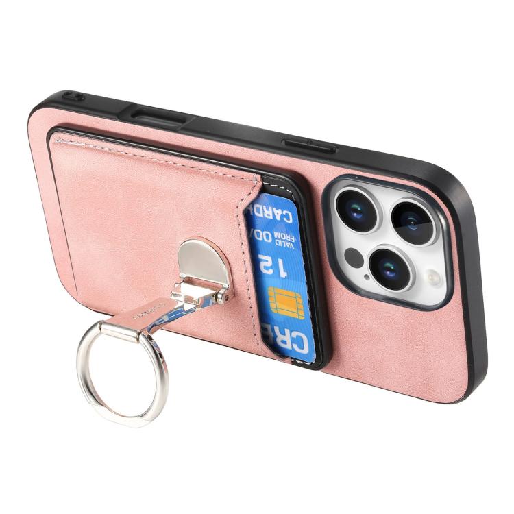 For iPhone 15 Retro Folding Ring Holder Card Bag MagSafe Phone Case(Pink) - iPhone 15 Cases by buy2fix | Online Shopping UK | buy2fix