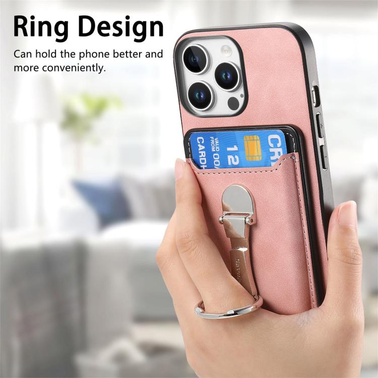 For iPhone 15 Retro Folding Ring Holder Card Bag MagSafe Phone Case(Pink) - iPhone 15 Cases by buy2fix | Online Shopping UK | buy2fix