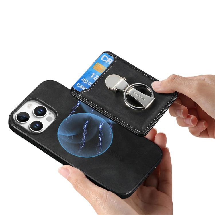 For iPhone 15 Pro Retro Folding Ring Holder Card Bag MagSafe Phone Case(Black) - iPhone 15 Pro Cases by buy2fix | Online Shopping UK | buy2fix