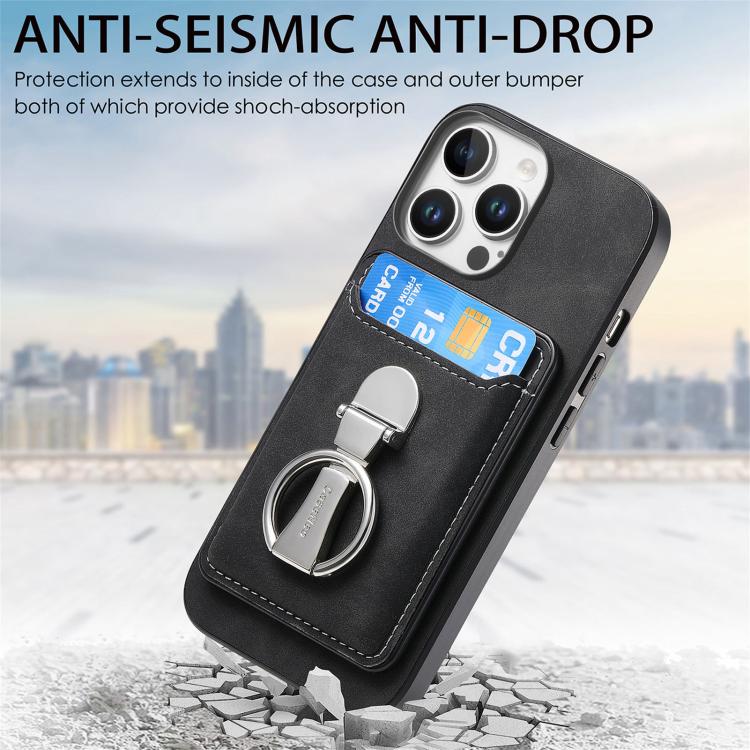 For iPhone 15 Pro Retro Folding Ring Holder Card Bag MagSafe Phone Case(Black) - iPhone 15 Pro Cases by buy2fix | Online Shopping UK | buy2fix