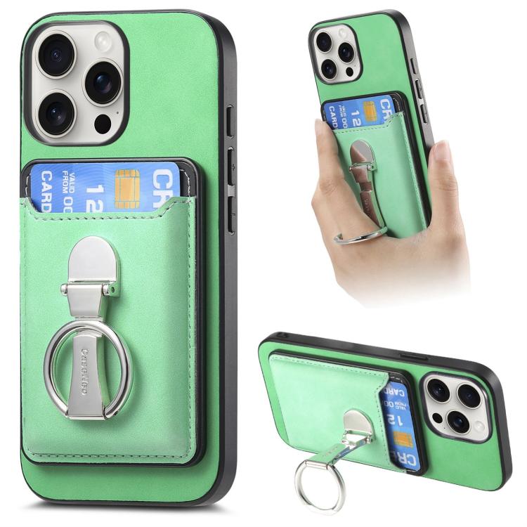 For iPhone 15 Pro Retro Folding Ring Holder Card Bag MagSafe Phone Case(Green) - iPhone 15 Pro Cases by buy2fix | Online Shopping UK | buy2fix
