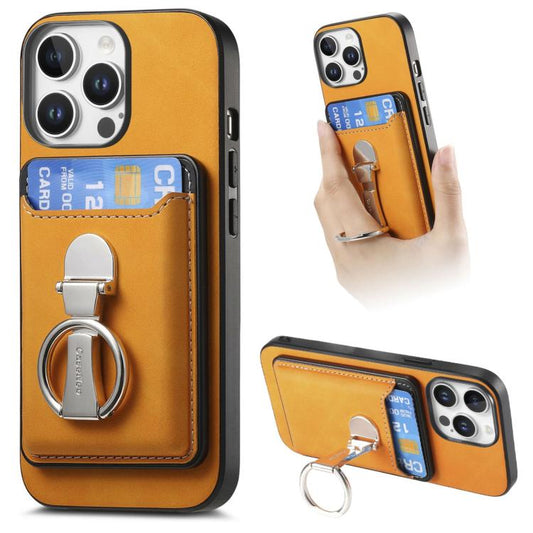 For iPhone 14 Pro Retro Folding Ring Holder Card Bag MagSafe Phone Case(Yellow) - iPhone 14 Pro Cases by buy2fix | Online Shopping UK | buy2fix