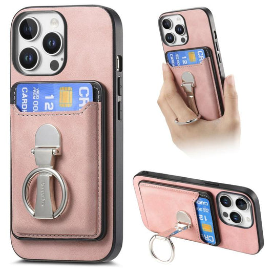 For iPhone 14 Pro Retro Folding Ring Holder Card Bag MagSafe Phone Case(Pink) - iPhone 14 Pro Cases by buy2fix | Online Shopping UK | buy2fix