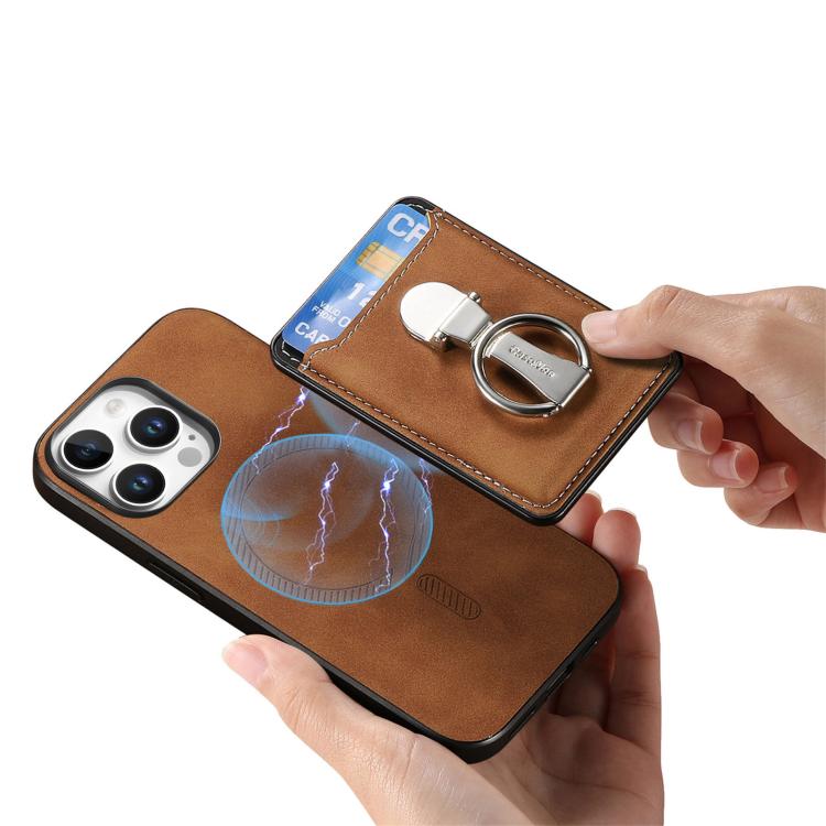 For iPhone 14 Pro Max Retro Folding Ring Holder Card Bag MagSafe Phone Case(Brown) - iPhone 14 Pro Max Cases by buy2fix | Online Shopping UK | buy2fix