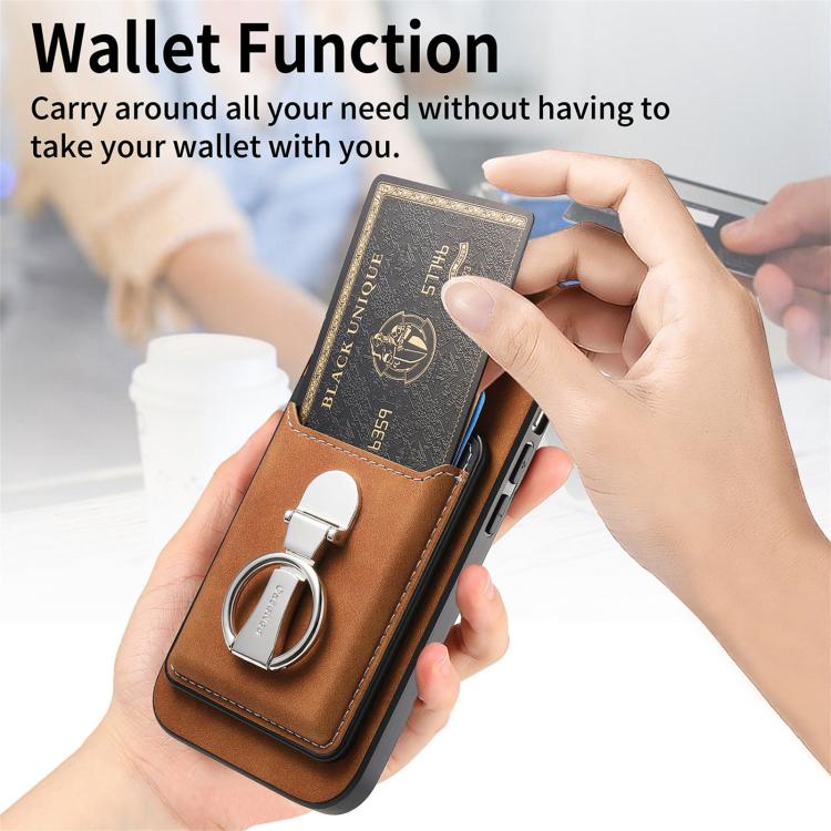 For iPhone 14 Pro Max Retro Folding Ring Holder Card Bag MagSafe Phone Case(Brown) - iPhone 14 Pro Max Cases by buy2fix | Online Shopping UK | buy2fix