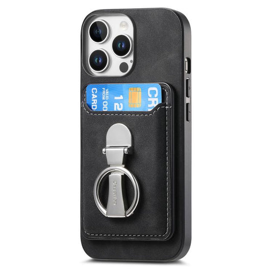 For iPhone 12 Retro Folding Ring Holder Card Bag MagSafe Phone Case(Black) - iPhone 12 / 12 Pro Cases by buy2fix | Online Shopping UK | buy2fix