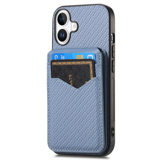 For iPhone 16 Carbon Fiber MagSafe Vertical Flip Card Bag Phone Case(Blue) - iPhone 16 Cases by buy2fix | Online Shopping UK | buy2fix